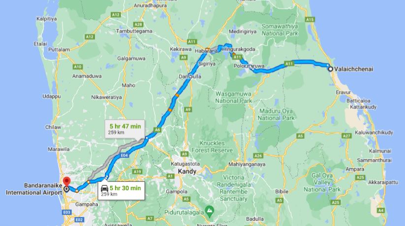 Valaichenai City to Colombo Airport (CMB) Private Transfer