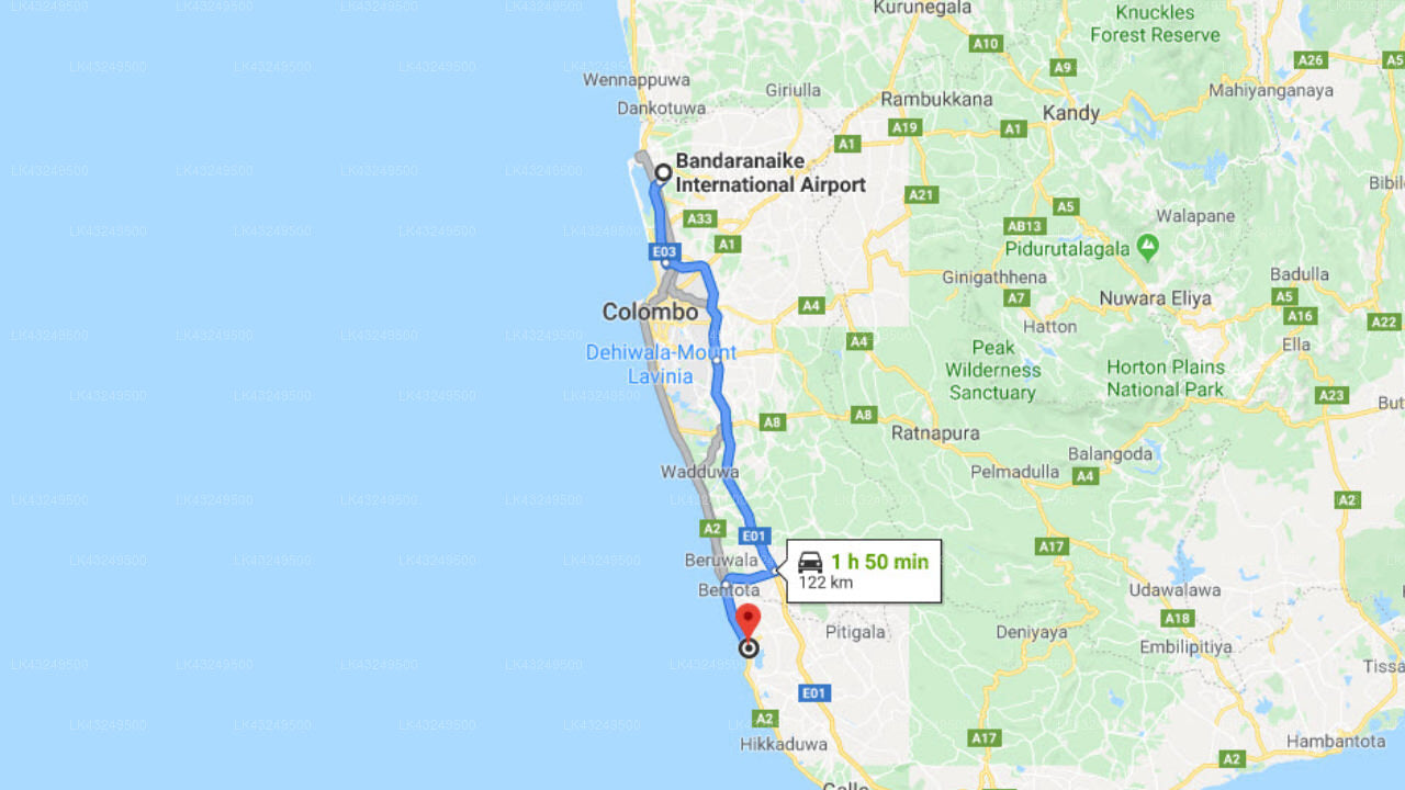 Transfer between Colombo Airport (CMB) and Lotus Villa Ayurveda Resort, Ahungalla