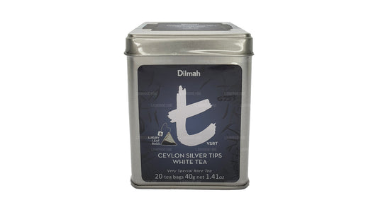 Жестяная банка для белого чая Dilmah серии T VSRT с цейлонскими серебряными наконечниками (40 г) с рассыпчатыми листьями