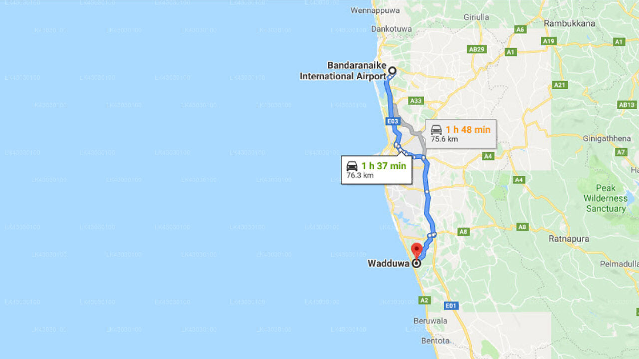 Transfer between Colombo Airport (CMB) and The Blue Water, Wadduwa