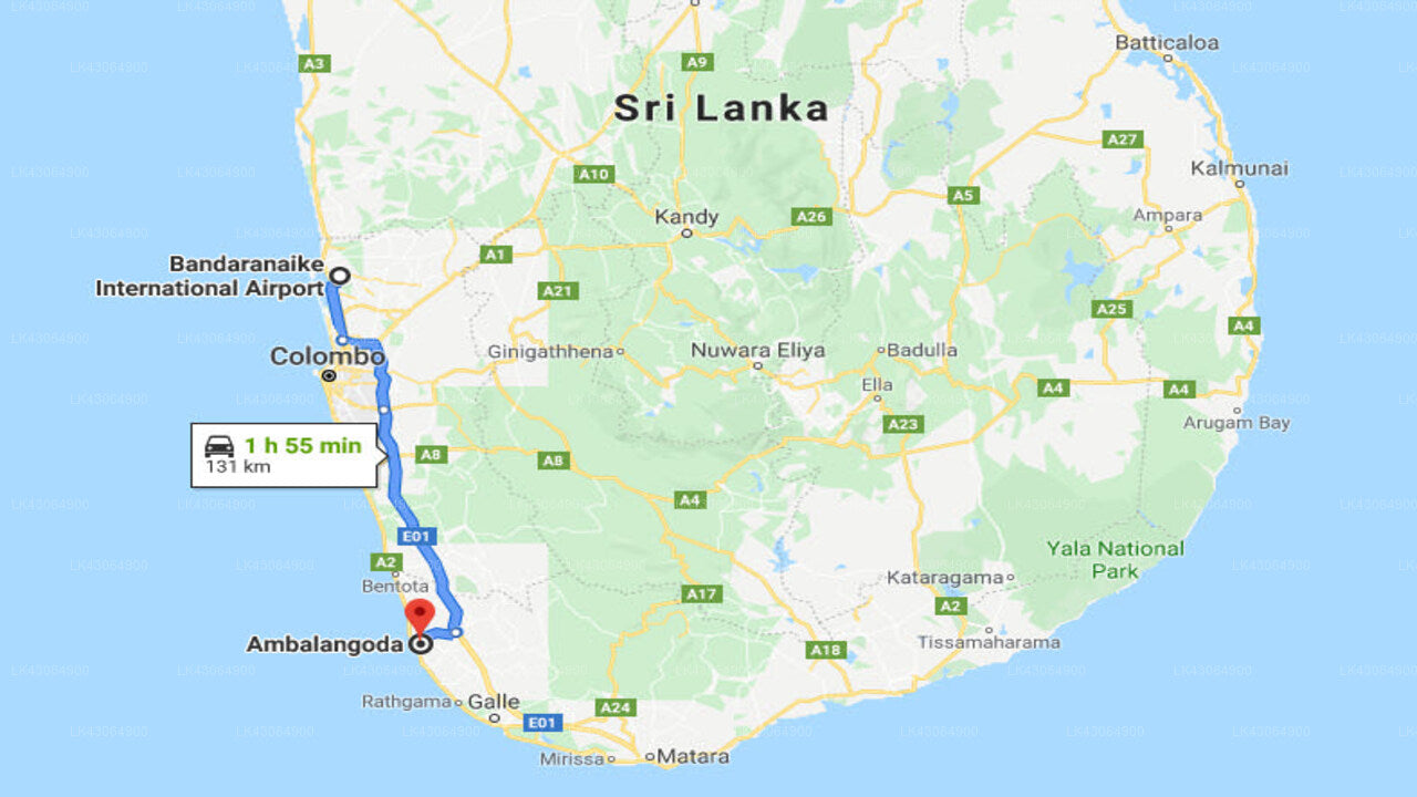 Transfer between Colombo Airport (CMB) and Madampa Lake, Ambalangoda