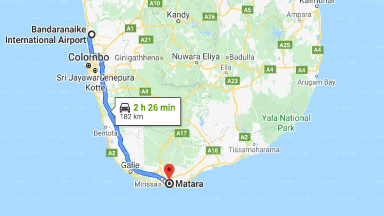 Transfer between Colombo Airport (CMB) and Wickremaratne Home Stay, Matara