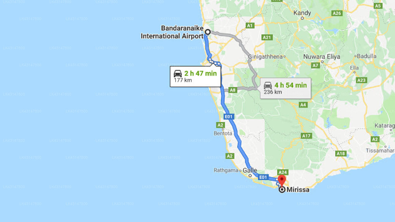 Transfer between Colombo Airport (CMB) and Amarasinghe Guest House, Mirissa