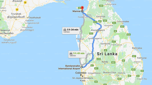 Transfer between Colombo Airport (CMB) and Shell Coast Resort, Mannar