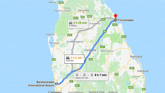 Transfer between Colombo Airport (CMB) and Amaranthe Bay Resort and Spa, Trincomalee