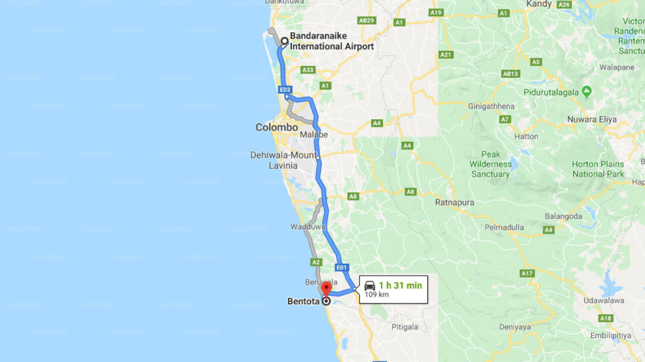 Transfer between Colombo Airport (CMB) and Serendib Beach Hotel, Bentota