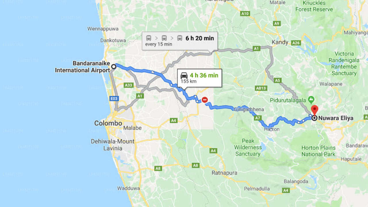 Transfer between Colombo Airport (CMB) and Luxe Wilderness, Nuwara Eliya